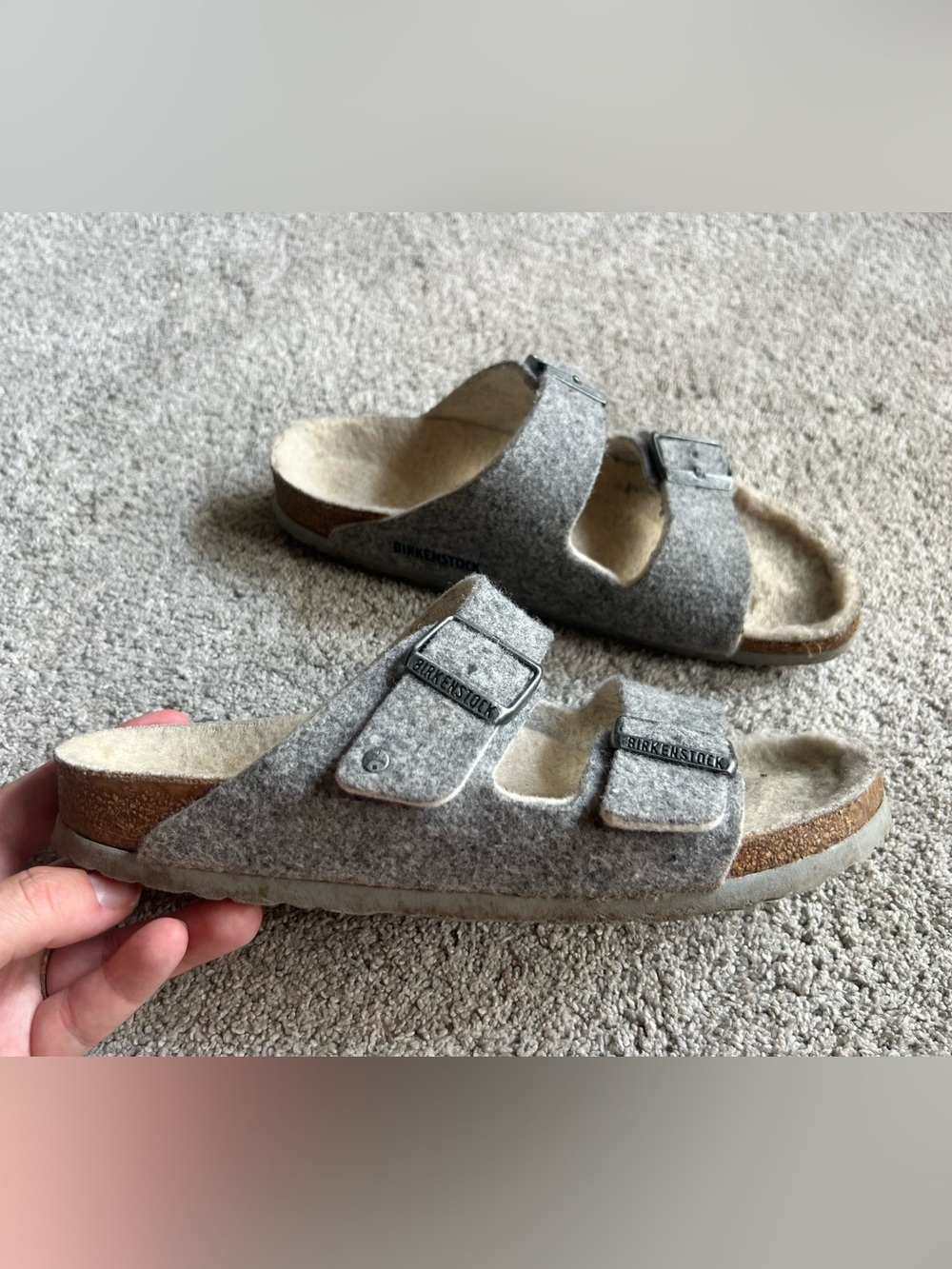 Birkenstock Arizona Size 40 Felted Wool Shearling Slides Sandals Grey Winter